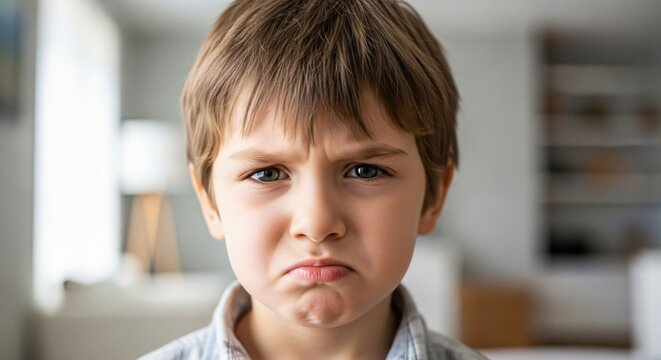 Frustrated young boy making a grumpy face indoors, expressing childhood emotions and challenges