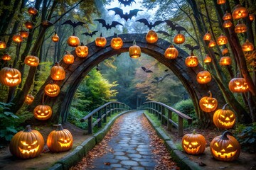 A spooky halloween path through the woods, adorned with glowing jackolanterns and bats