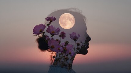 A woman with a cosmic galaxy inside her head symbolizing imagination and dreams dreamy artistic portrait