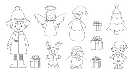 Festive christmas characters and gifts black and white outline drawings for holiday crafts