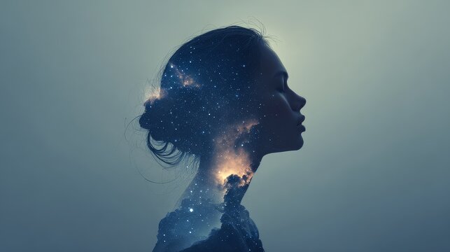 A woman with a cosmic galaxy inside her head symbolizing imagination and dreams dreamy artistic portrait