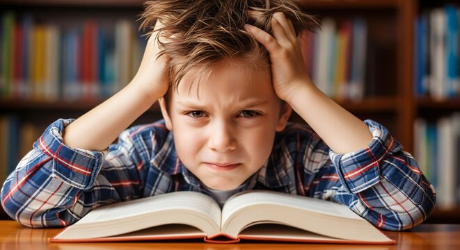 Struggling young student overwhelmed by homework with hands in hair, frustrated expression in library setting - Powered by Adobe