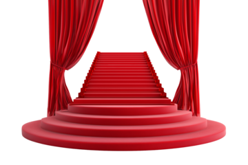 Red carpet and stairs with golden ropes, isolated on transparent background png 