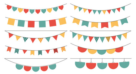 Festive bunting garland collections featuring colorful geometric shapes and patterns for celebrations and decorations