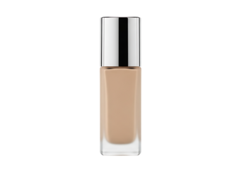 Light beige cosmetic foundation bottle against a black background.