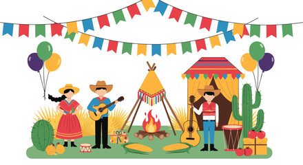 Fototapeta premium Festive outdoor gathering with music and decorations under colorful bunting
