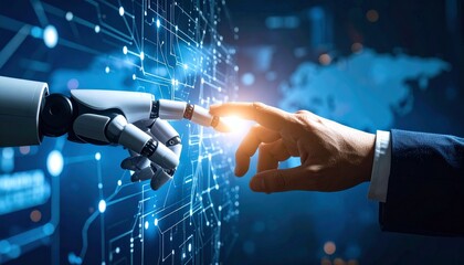 Cybernetic hand and human hand interacting on a digital interface, symbolizing future of business-tech integration
