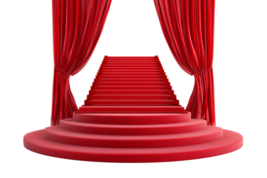 Red carpet and stairs with golden ropes, isolated on transparent background png 