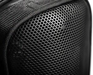 Close-up of a black, mesh-covered speaker compartment on a bag
