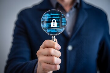Man holding a magnifying glass over a digital screen displaying a glowing white padlock icon surrounded by binary code symbolizing cybersecurity and data protection
