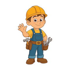Cartoon builder boy with hardhat, overalls, tool belt, waving hand hello.