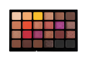 Rectangular makeup palette with various eyeshadows.