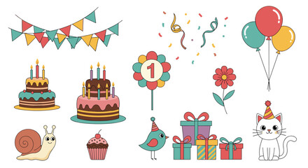 Fototapeta premium Happy birthday celebration elements featuring cute animals and festive decorations