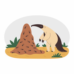 Anteater Exploring Ant Hill in Cartoon Style