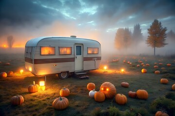 A vintage trailer sits in a foggy field surrounded by glowing jackolanterns on a spooky halloween night