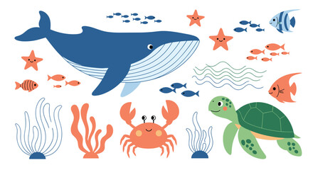 Charming ocean life collection featuring a whale turtle crab and fish