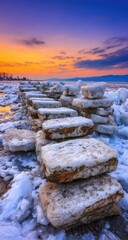 Frozen steps of ice blocks on a snowy shore at sunset