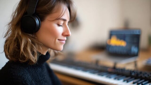 Musical Mindfulness: A serene woman, immersed in her musical world, finds solace and inspiration as she wears headphones and plays the piano, accompanied by a laptop.