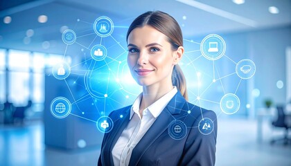 Portrait of a confident businesswoman with glowing tech overlay icons around her head, clean corporate backdrop