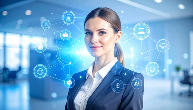 Portrait of a confident businesswoman with glowing tech overlay icons around her head, clean corporate backdrop