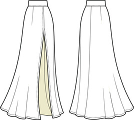 Technical flat sketch of flared maxi skirt with front slit, elegant women's wear design, fashion clothing illustration, front and back