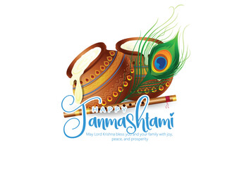 Janmashtami with this colorful illustration showcasing a flute, butter pots, and a vibrant peacock feather, symbolizing the joyous spirit and traditions of Lord Krishna.