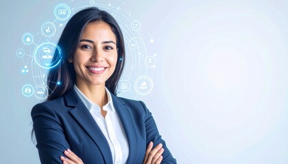 Portrait of a confident businesswoman with glowing tech overlay icons around her head, clean corporate backdrop
