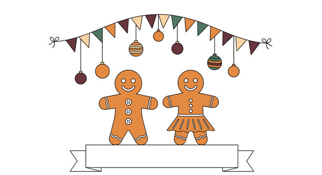 Festive gingerbread couple celebrating winter holidays with decorative bunting and ornaments