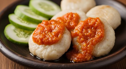 Traditional Indonesian cilok, a savory tapioca snack served with spicy sambal sauce and fresh cucumber slices on a clay plate