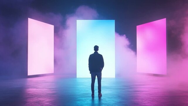Journey of Self-Discovery: A silhouette of a solitary figure stands before three illuminated portals, each radiating a unique aura. The vibrant hues dance against a hazy backdrop.