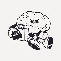 Brain character, retro line illustration vector