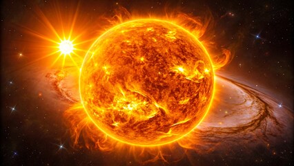 Detailed fiery sun glowing in outer space with flare and stars in cosmic background
