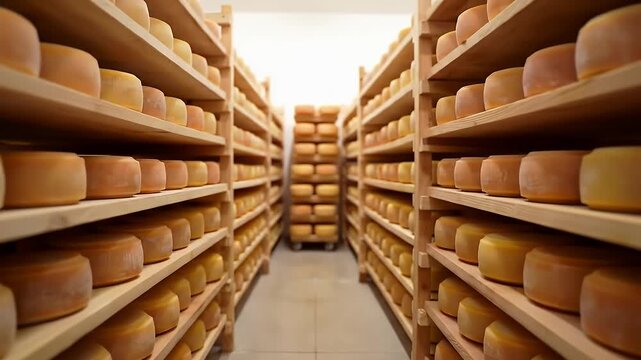 Cheese Wheels Aging In A Wooden Cellar With Light Yellow To Deep Orange Hue