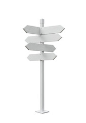 Standalone white wooden signpost with four blank arrow signs pointing varied directions, subtle wood grain, isolated on transparent studio background with sharp focus and no shadows, concept of