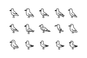 Seagulls' Sketch Array: A minimalist artistic display of various seagulls' sketches, each capturing a unique perspective of these coastal birds in a serene illustration style.