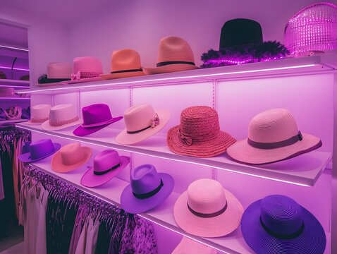 Variety of stylish hats displayed on shelves under purple lighting - Powered by Adobe