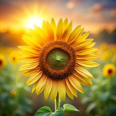 Obraz premium Golden petals of a sunflower field blossom under a bright summer sky blur background
