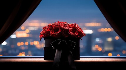  A red bouquet rests on a window ledge while gazing upon the metropolis' nocturnal skyline