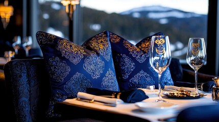   A table adorned with a glass of wine and a dish of cuisine sits atop a window ledge, offering a picturesque view of the majestic mountains beyond
