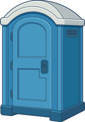 A cartoon styled portable restroom, typically found at events or construction.