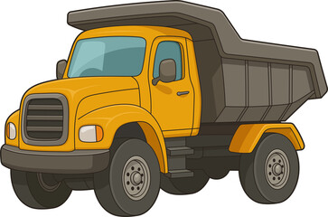 Cartoon yellow dump truck with grey bed designed for construction and hauling.