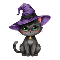 Whimsical feline sorceress with charming green eyes, radiating Halloween magic on transparency