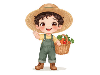 Whimsical illustration of a charming boy dressed as a farmer holding a basket of fresh vegetables