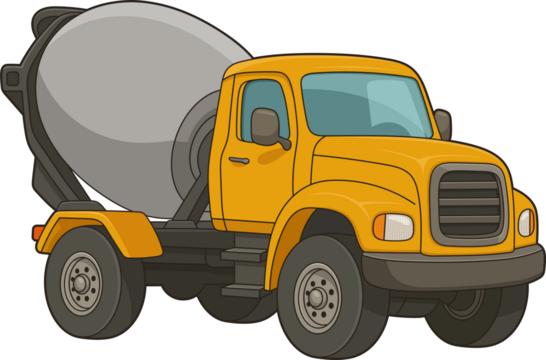 Cartoon style cement mixer truck with a gray drum on a black background.