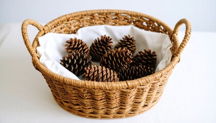 Rustic Wicker Basket Filled with Natural Pine Cones on a White Surface