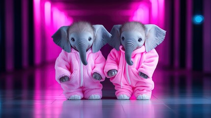   Two elephants, one pink and the other white, stand side-by-side in front of a pink wall with lights illuminating it
