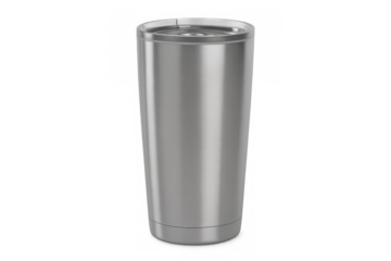 Photorealistic stainless steel tumbler rendered in 3d, featuring transparent backdrop highlighting product design and versatile lifestyle potential