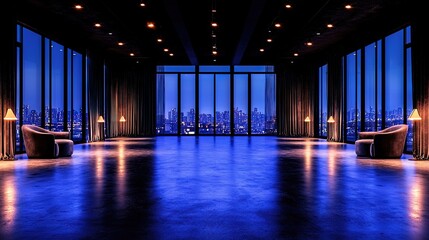   Large room with multiple windows and city skyline view in the distance