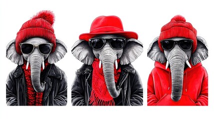   Three images of an elephant in a red hat, sunglasses, and a jacket with a red scarf
