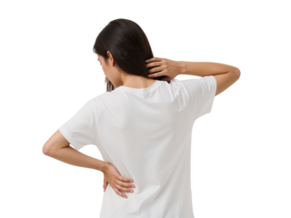 Isolated woman experiencing back and neck discomfort with a transparent background for creative